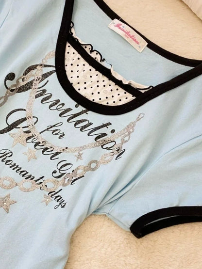 Blue Panel Polka Dot Vintage Fake Two-Piece Y2K T-Shirt