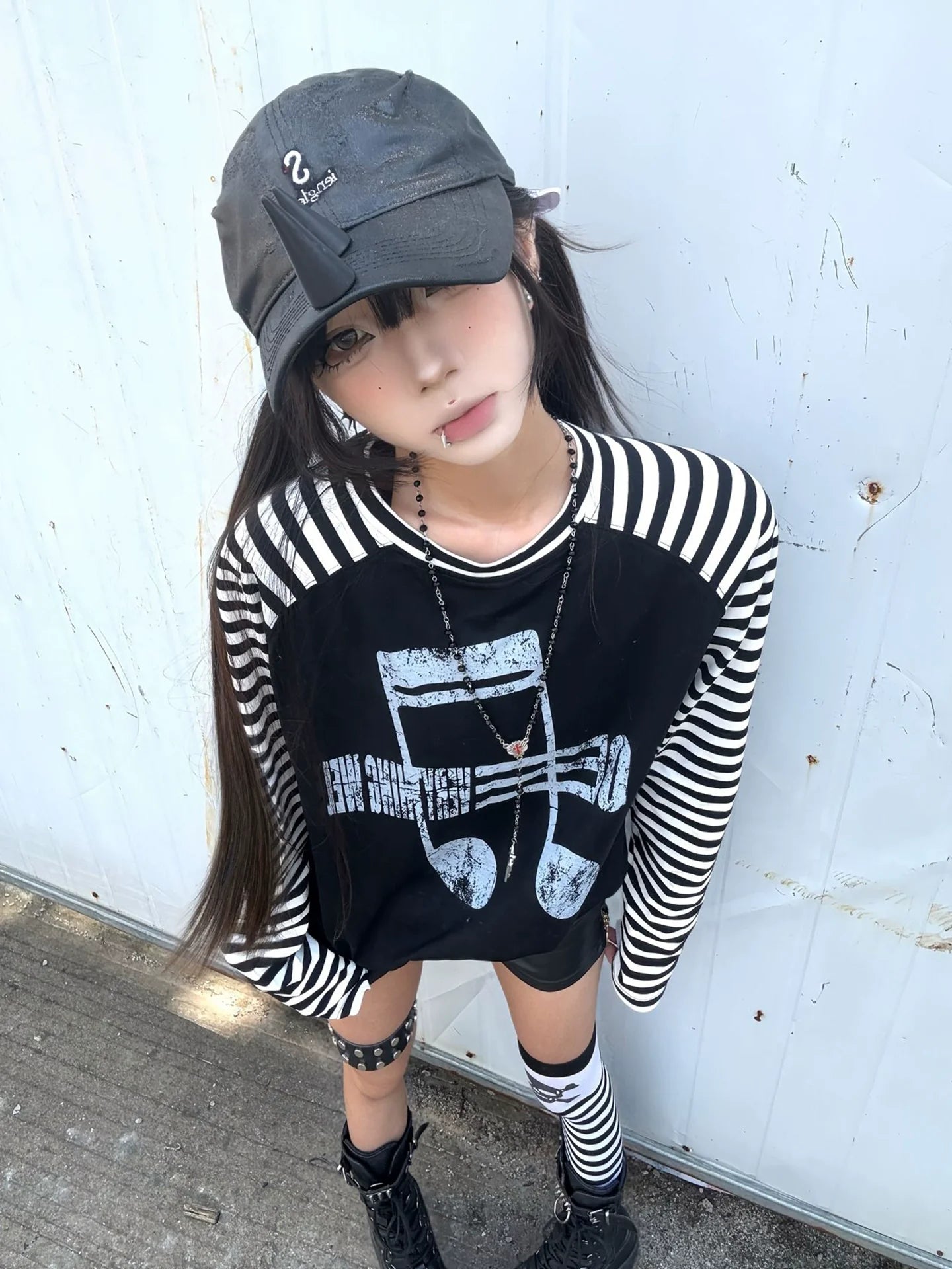 Y2K Light Subculture Striped Long Sleeve Tee Musical Print Raglan Top