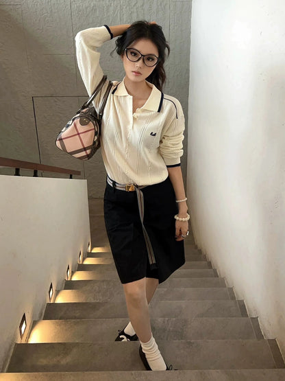 Classic Polo Cable Knit Sweater Loose Fit Top