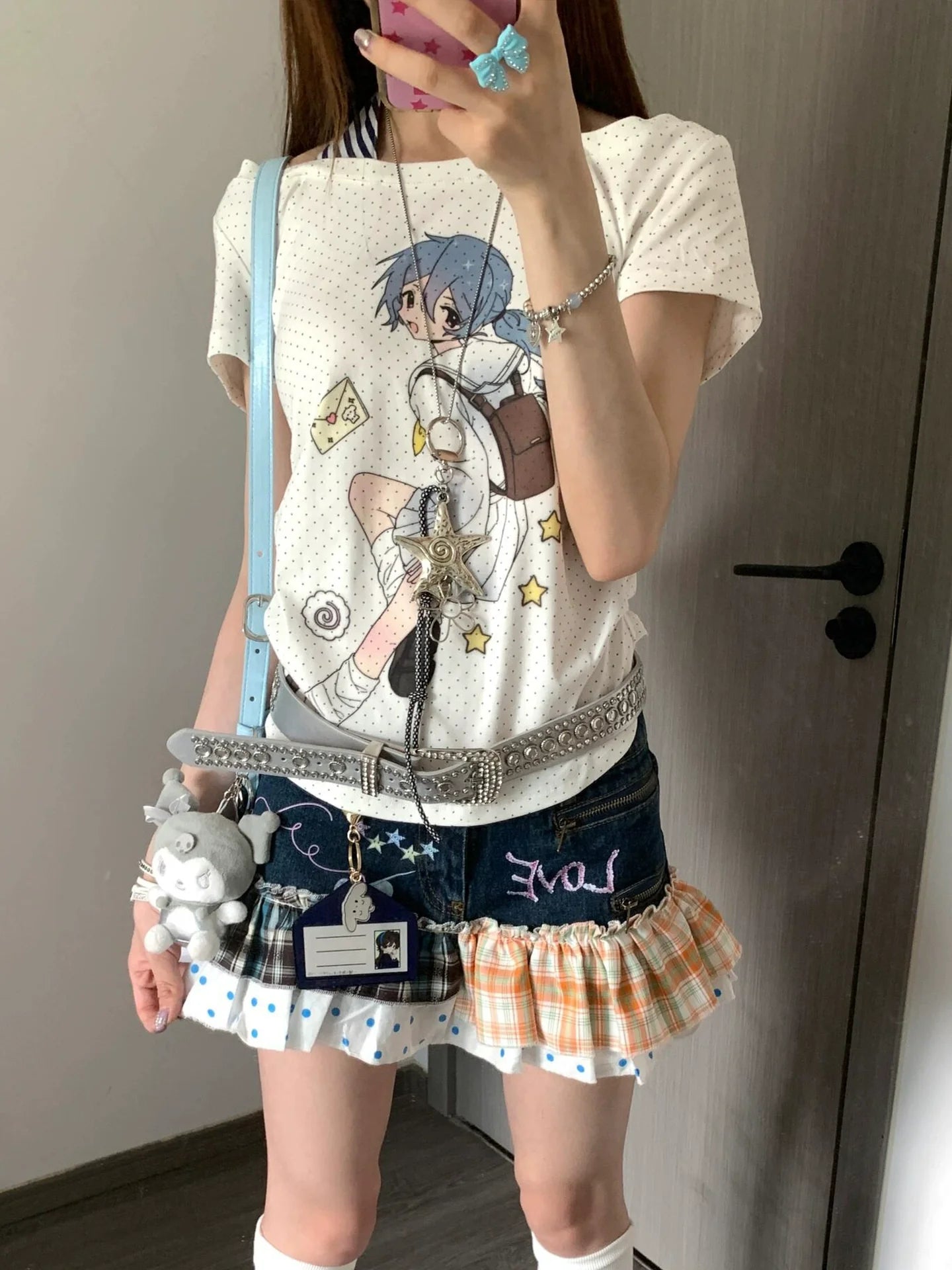 Y2K Polka Dot Halter Layered Tee Otaku Subculture Double-Layer Top