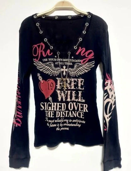 Black Subculture Gothic Rock Punk Y2K Shibuya Girl Letter Print Abi Long Sleeve Top