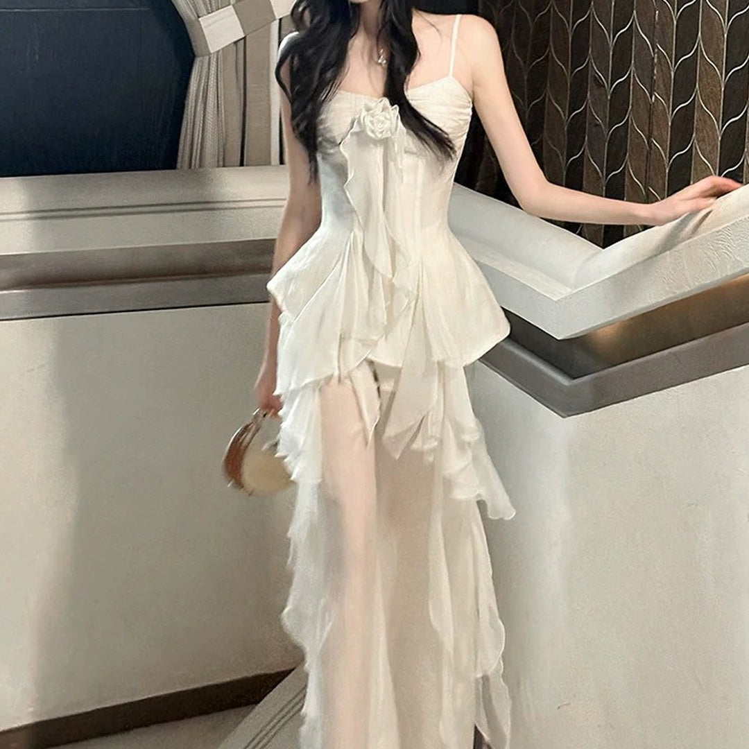Chiffon Ruffle Strap Top & Pants Vacation Set