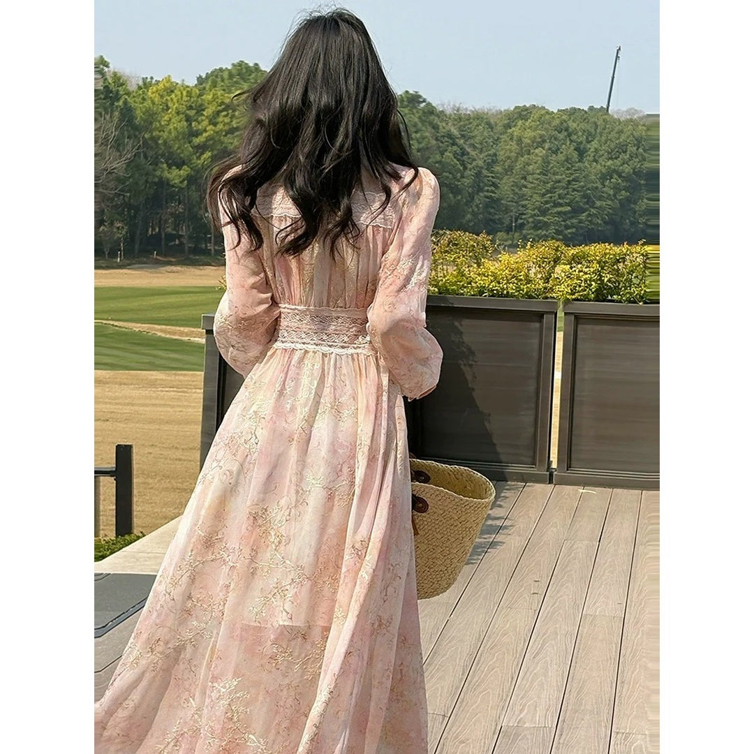 Embroidered Lace Floral Pink Gown Dress