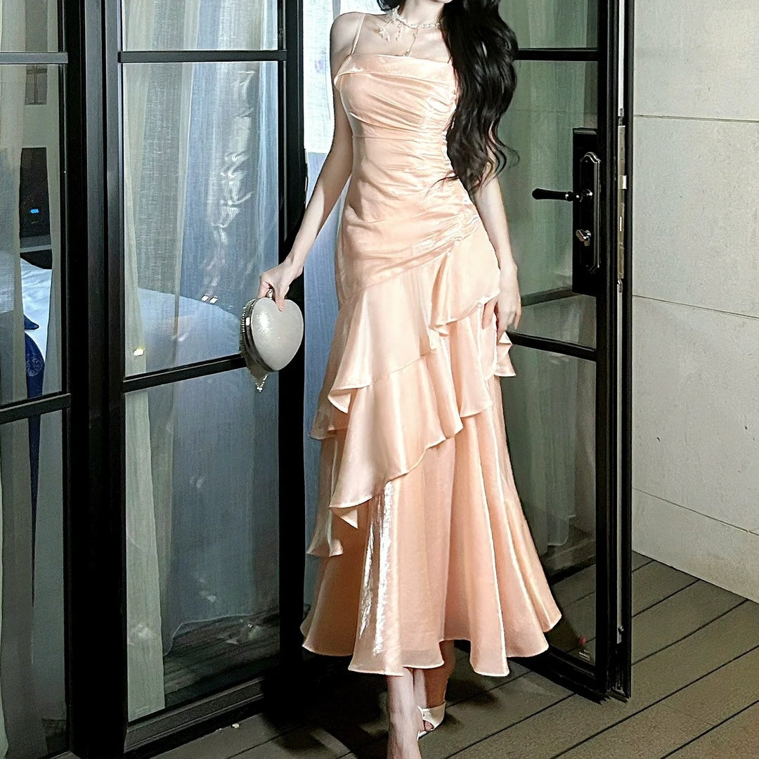 Pink Ruffle Spaghetti Strap Gown Dress