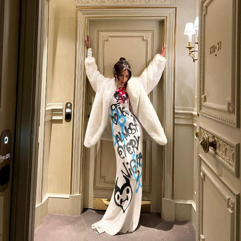 White Subculture Punk Y2K E-girl Graffiti Print Slim Bodycon Maxi Dress