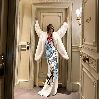 White Subculture Punk Y2K E-girl Graffiti Print Slim Bodycon Maxi Dress