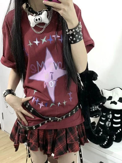 Burgundy Fleur-de-lis Top and Plaid Skirt Y2K Two Pieces Sets