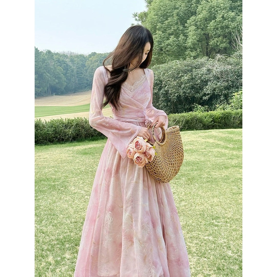 Pink Floral Chiffon Gown Prom Dress