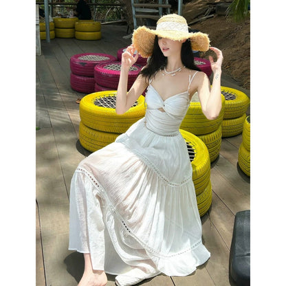 French White High-End Spaghetti Strap Resort Gown Dress