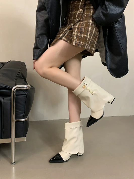 Minimalist Chic Color Block Chunky Heel Ankle Boots Women Fall Winter New Fashionable Versatile Pointed Toe Trouser High Heel Biker Boots