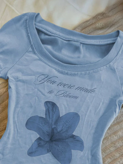 Blue Vintage Print Cropped Slim Y2K T-Shirt