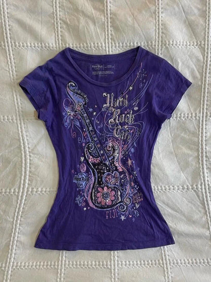 Purple Subculture Punk Y2K E-girl Abi American Retro Guitar Print Short Sleeve Top