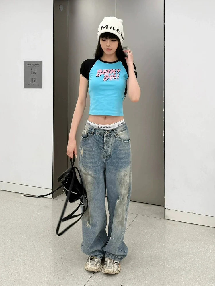 Retro Raglan Letter Print Crop Top Slim Fit Y2K Top