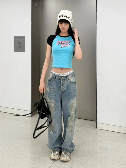 Retro Raglan Letter Print Crop Top Slim Fit Y2K Top