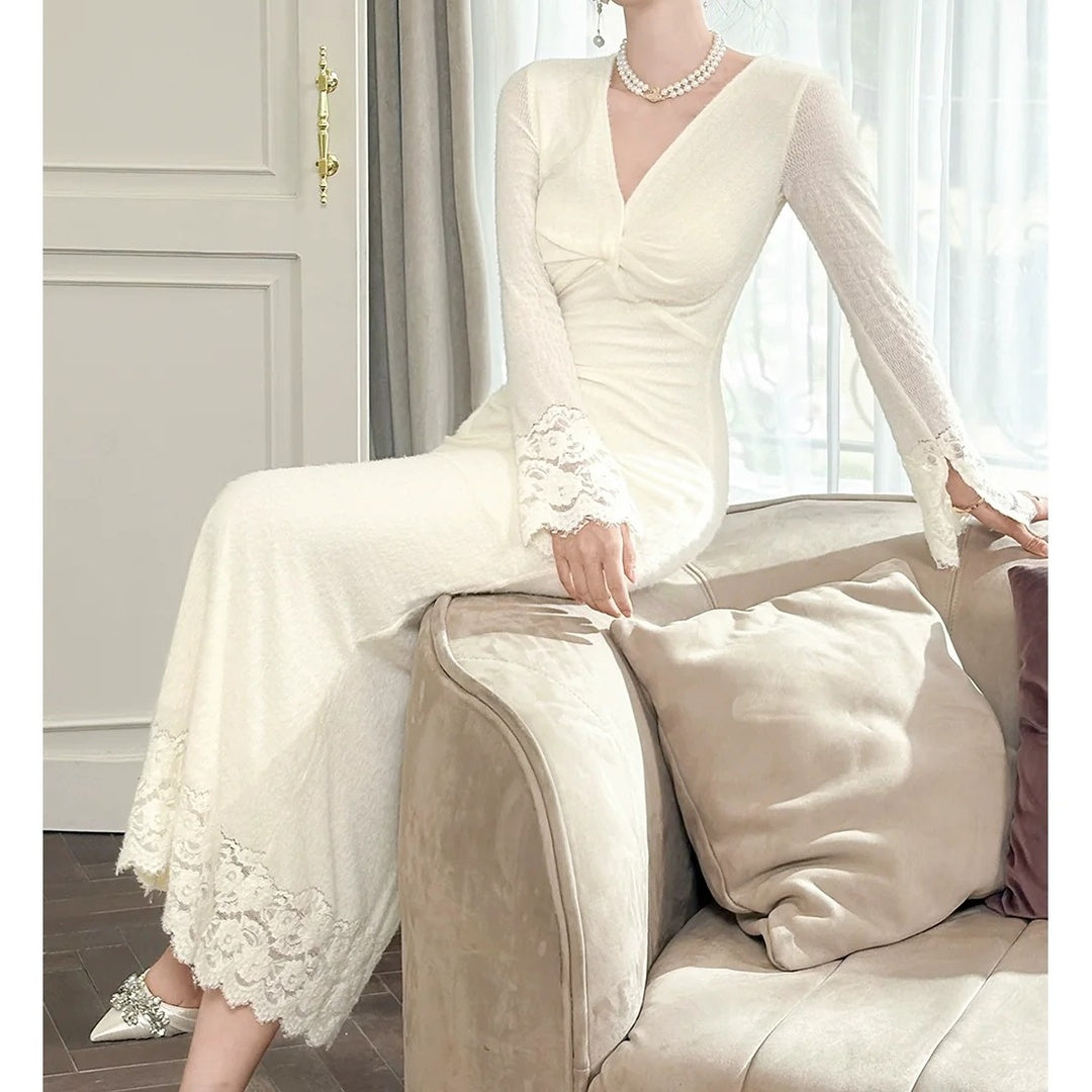 French V Neck Long Sleeve Autumn Slim Fit Gown Dress