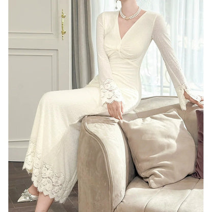 French V Neck Long Sleeve Autumn Slim Fit Gown Dress