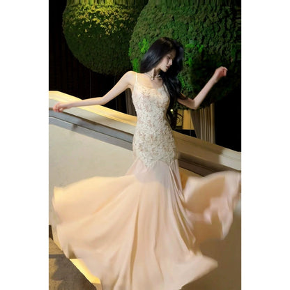 Embroidered Pink Spaghetti Strap Mermaid Gown Dress