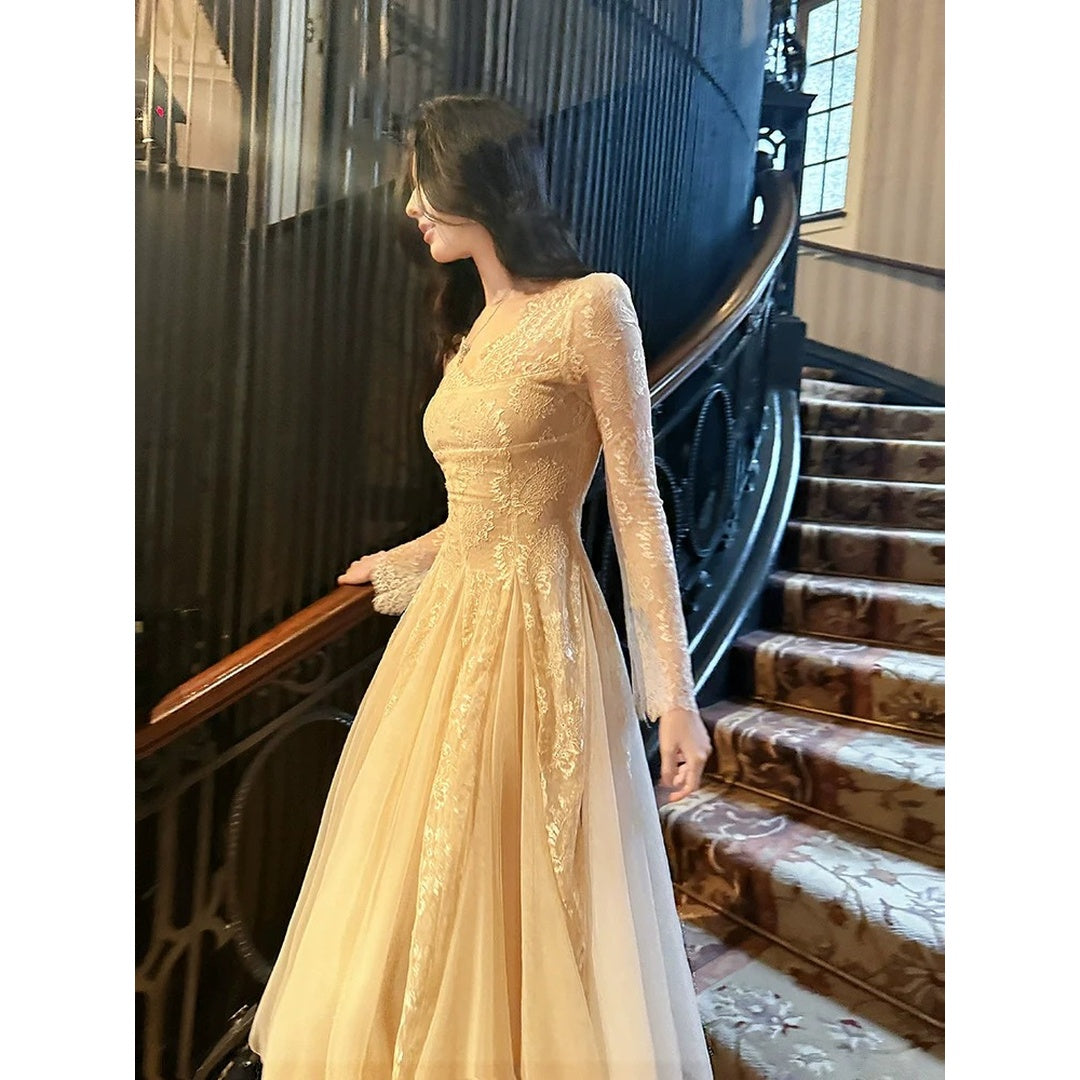 French Vintage Long Sleeve Lace Gown Dress