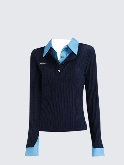 Layered Polo Knit Long Sleeve Tee Women