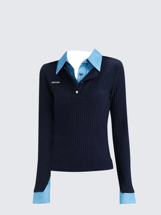Layered Polo Knit Long Sleeve Tee Women
