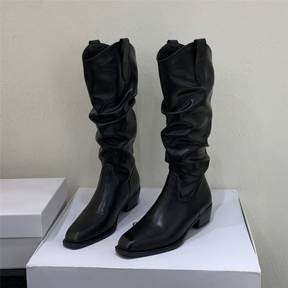 Korean Distressed Slouchy Wide Calf V-Cut Over The Knee Slimming Spicy Girl Chunky Heel Slim Boots