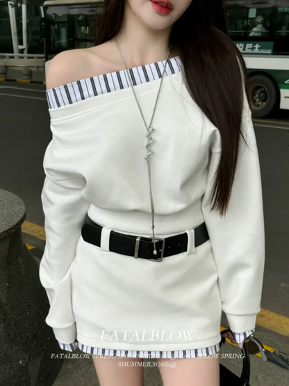 Korean Casual Asymmetrical Color-Block Sweatshirt & Skirt Dress Set