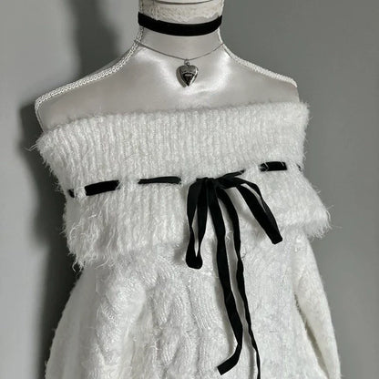 White Y2K Retro Tie-Collar Off-The-Shoulder Sweater