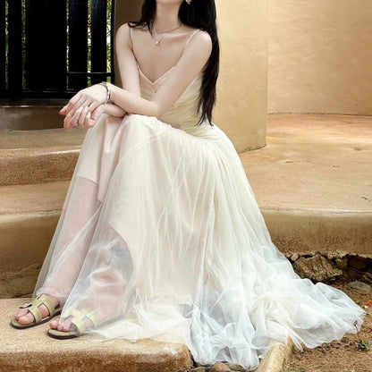 French Heavy Lace Tulle Spaghetti Strap Gown Dress