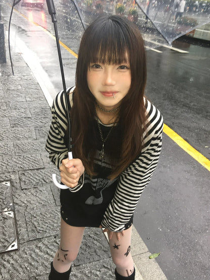 Y2K Dark Note Stripe Long Sleeve Top for Autumn