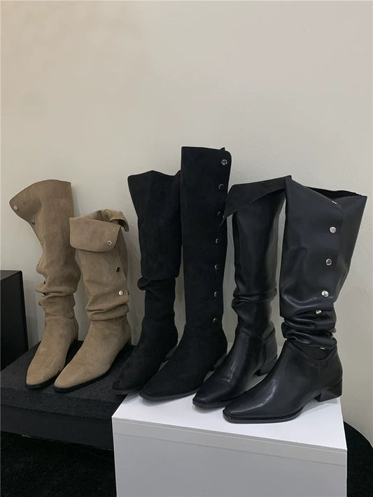 Versatile Fall Winter Foldable Slouchy Suede Chunky Heel Western Cowboy Knee High Women's Boots