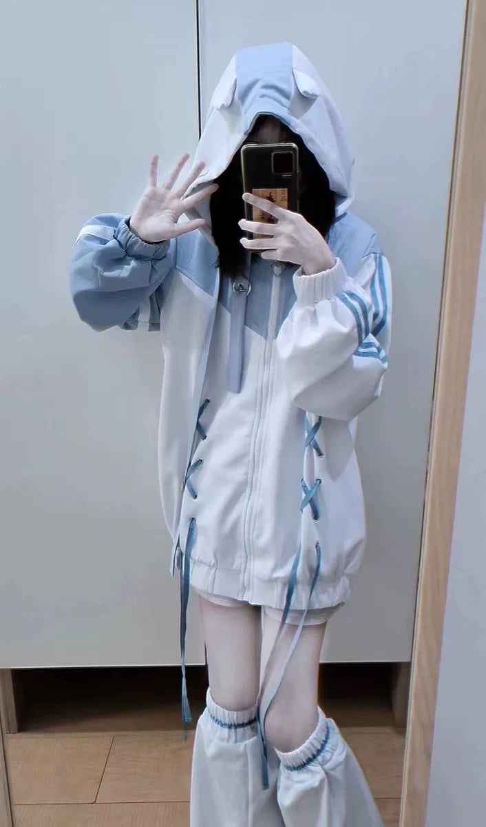 Blue White Y2K Soft Girl Zip-Up Hoodie