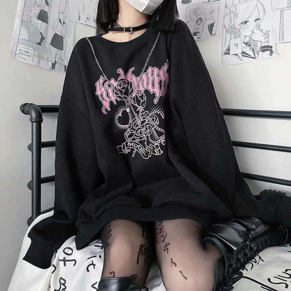 Black Y2K Harajuku Anime Terry-Cloth Hoodie