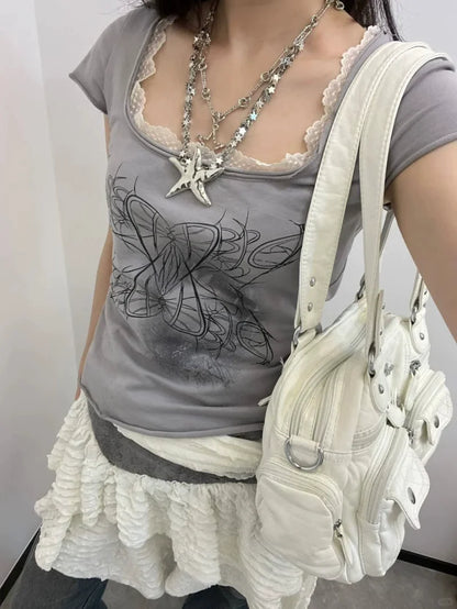Gray Subculture Y2K E-girl Retro Lace Square-Neck Print Niche Slim-Fit Top