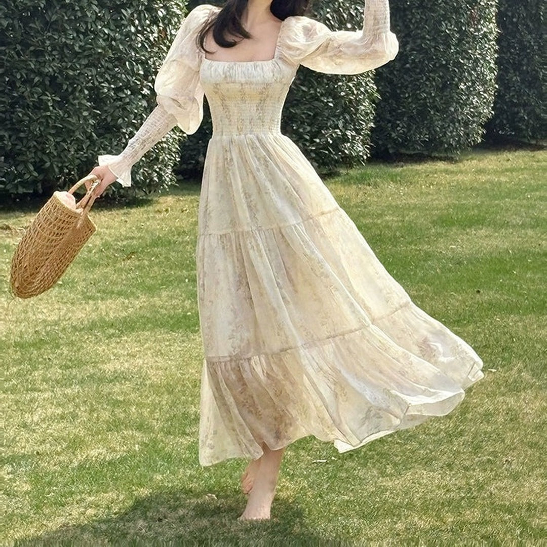 French Printed Puff Sleeve Resort Gown Dress