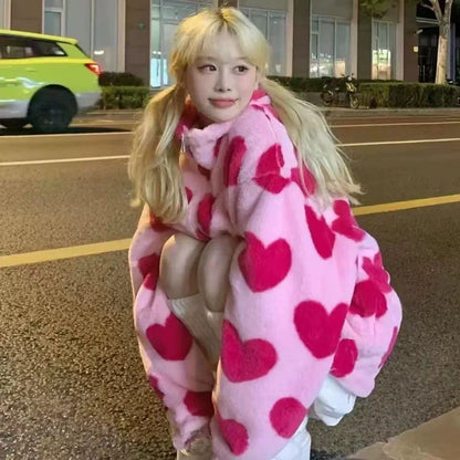 Pink Y2K Punk Heart Lamb Fleece Fleece-Lined Puffer Jacket