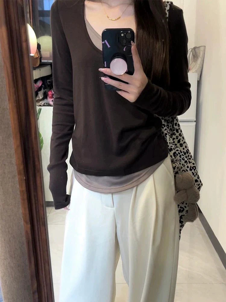 Coffee Fake Two-Piece Subculture Y2K E-girl Light Subculture Vintage Retro Long Sleeve Top