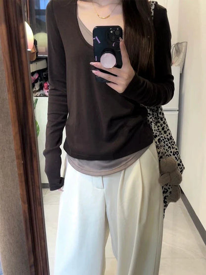 Coffee Fake Two-Piece Subculture Y2K E-girl Light Subculture Vintage Retro Long Sleeve Top