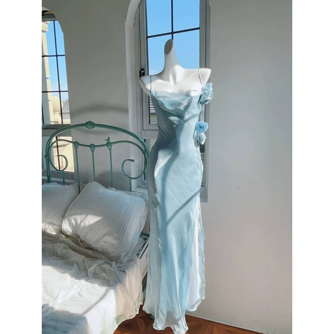 Moonlight Flower Elegant Double Layer Slit Spaghetti Strap Gown Dress