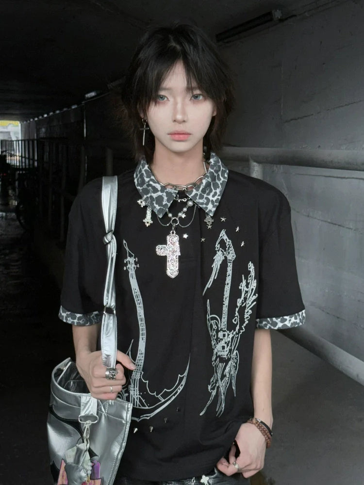 Y2K Black Short Sleeve Polo Tee Leopard Patchwork Summer Loose Fit Visual Kei Top