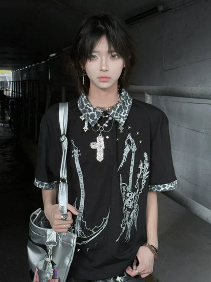 Y2K Black Short Sleeve Polo Tee Leopard Patchwork Summer Loose Fit Visual Kei Top