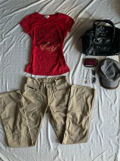 Red American Vintage Print Slim Fit Short Sleeve Y2K T-Shirt