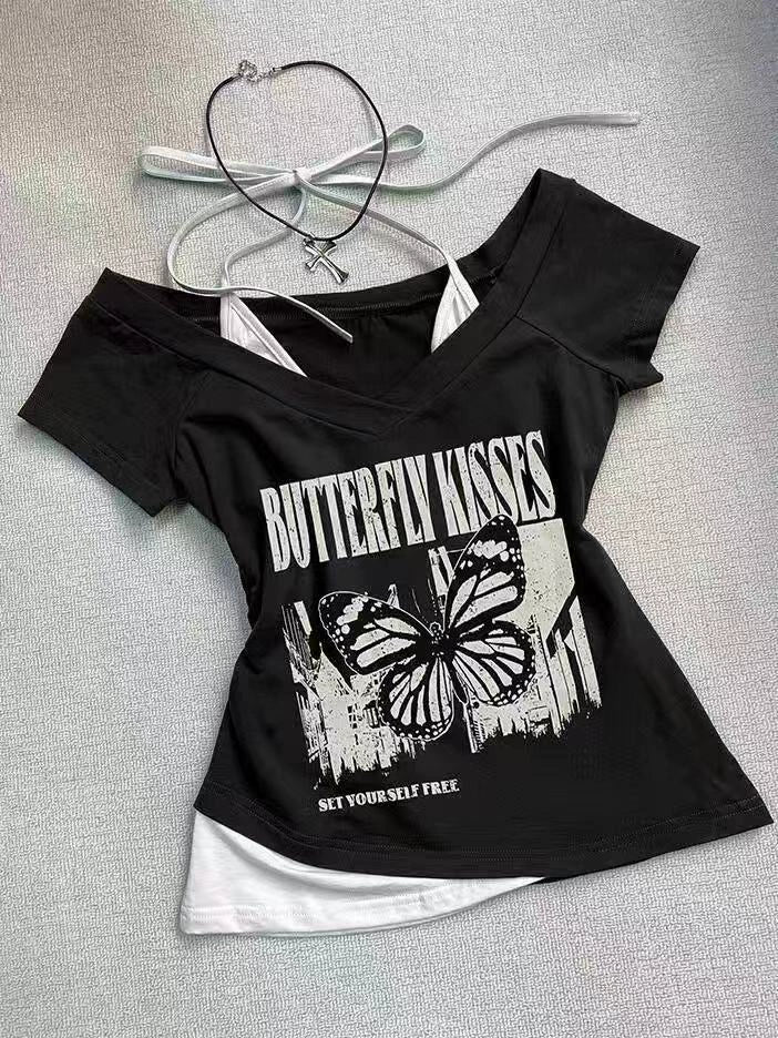 Black Vintage Fake Two-Piece Halter Y2K T-Shirt