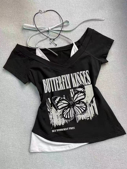 Black Vintage Fake Two-Piece Halter Y2K T-Shirt