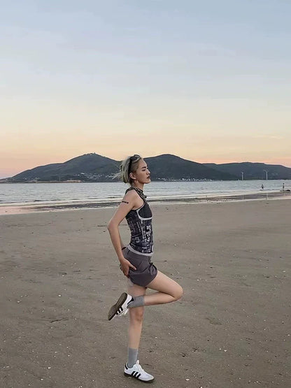 Black Cyberpunk Rock Letter Print Slim Y2K Tank Top