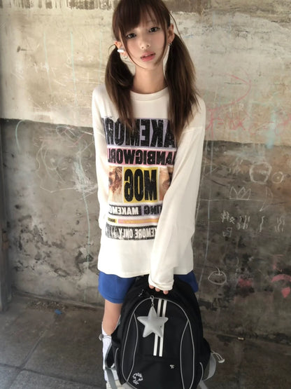 Retro Letter Print Long Sleeve T Shirt Loose Fit Couple Top