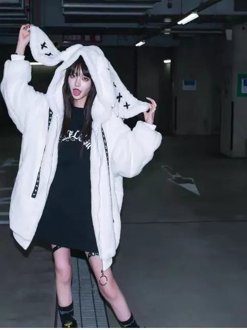 Harajuku Cute Bunny Ear Faux Fur Coat