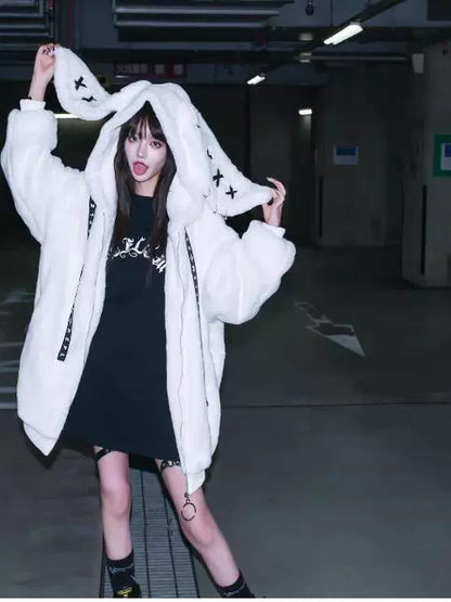Harajuku Cute Bunny Ear Faux Fur Coat