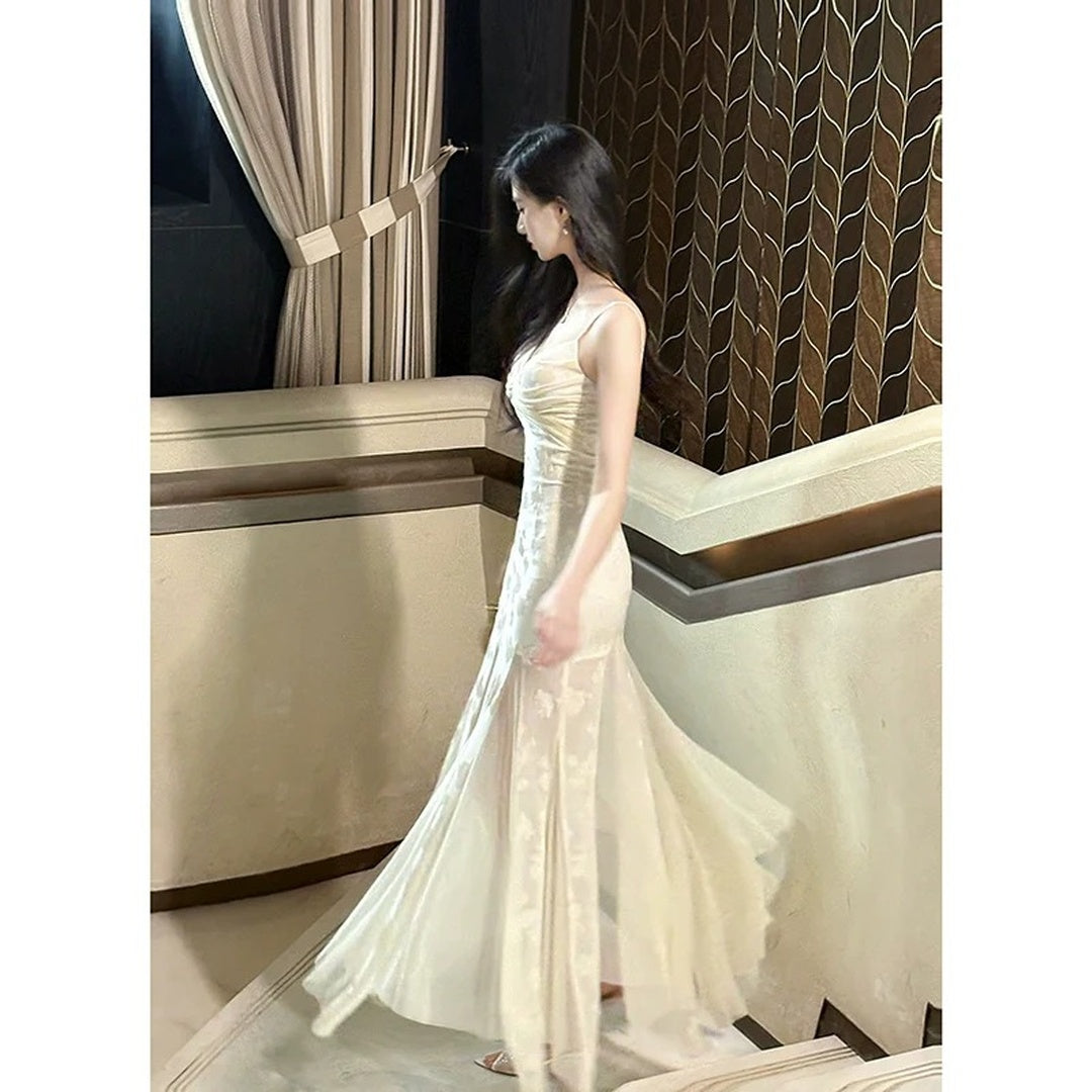 French Rose Floral Embroidered Mermaid Gown Dress – Elegant Evening Dress