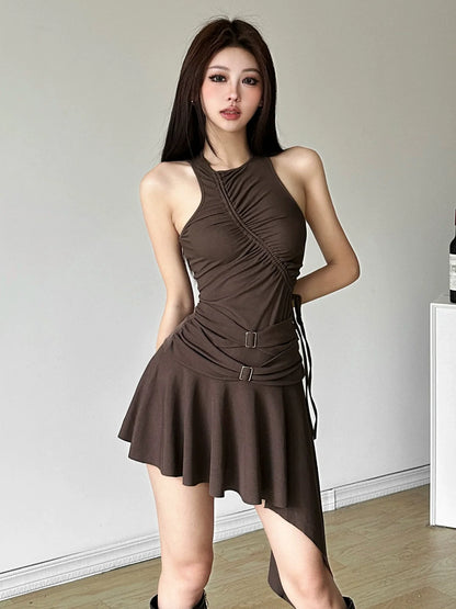 French E-girl Retro Sleeveless Tie-Waist Asymmetrical Mini Dress