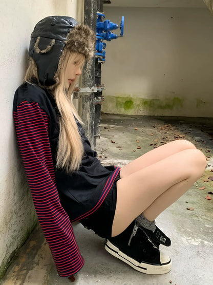 Punk Visual Stripe Skull Long Sleeve Tee Autumn Y2K Lightweight Top Unique Fashion